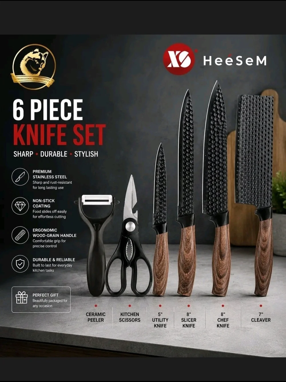 HeeSeM 6-Piece Knife Set in Black & Wood-Grain